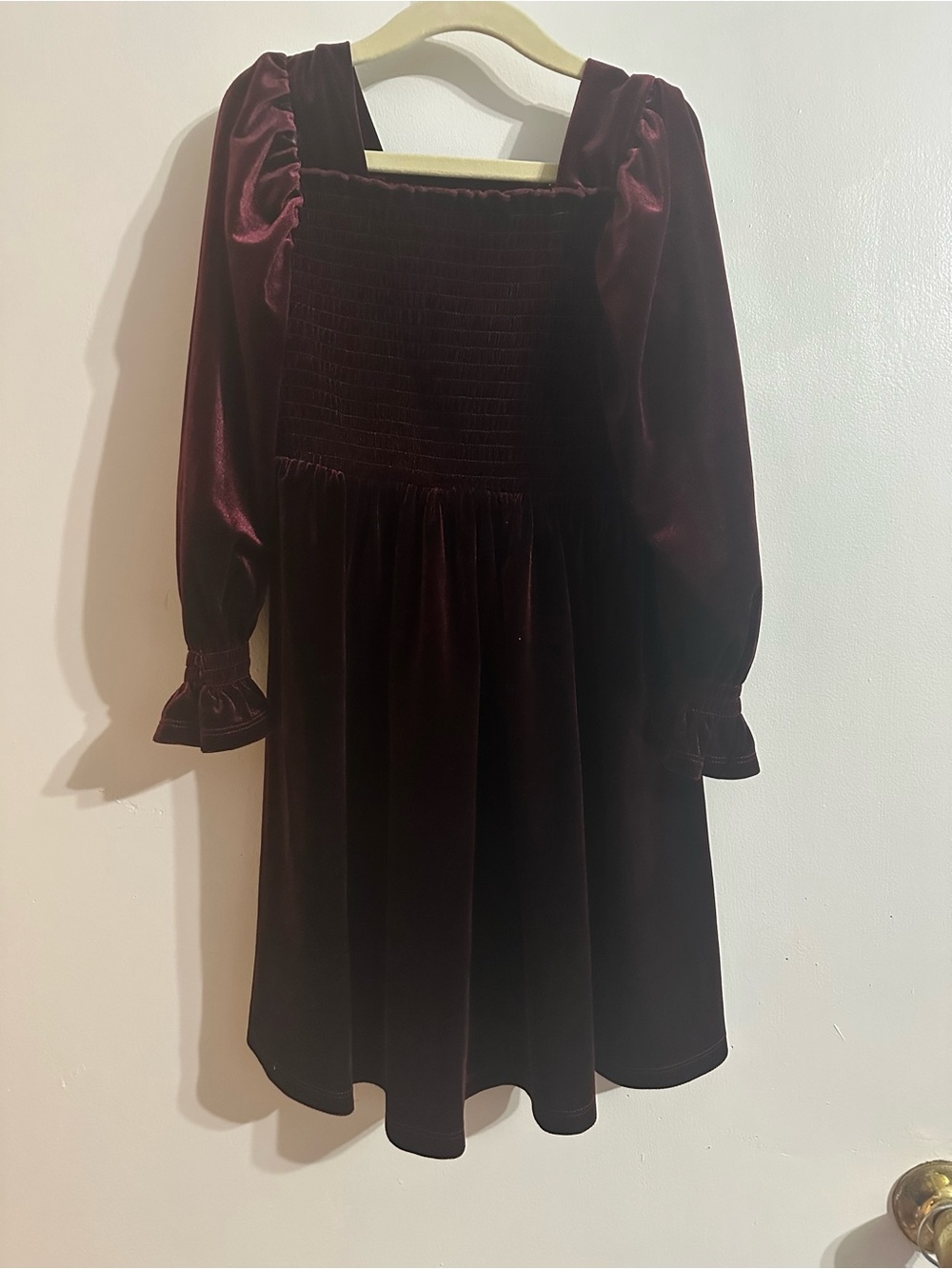 Bonnie Jean Burgundy Velvet Long Sleeve Smocked Dress